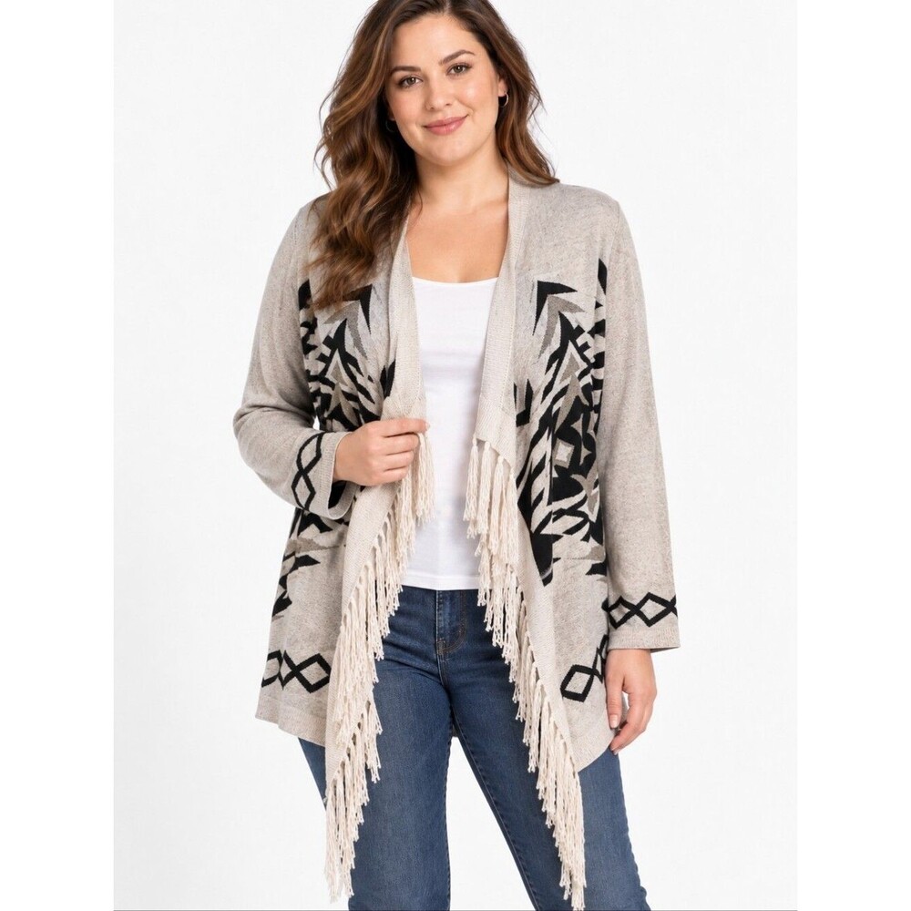 NWT INC International Concepts Leaping Tribal boho Knit Fringe Open Cardigan L